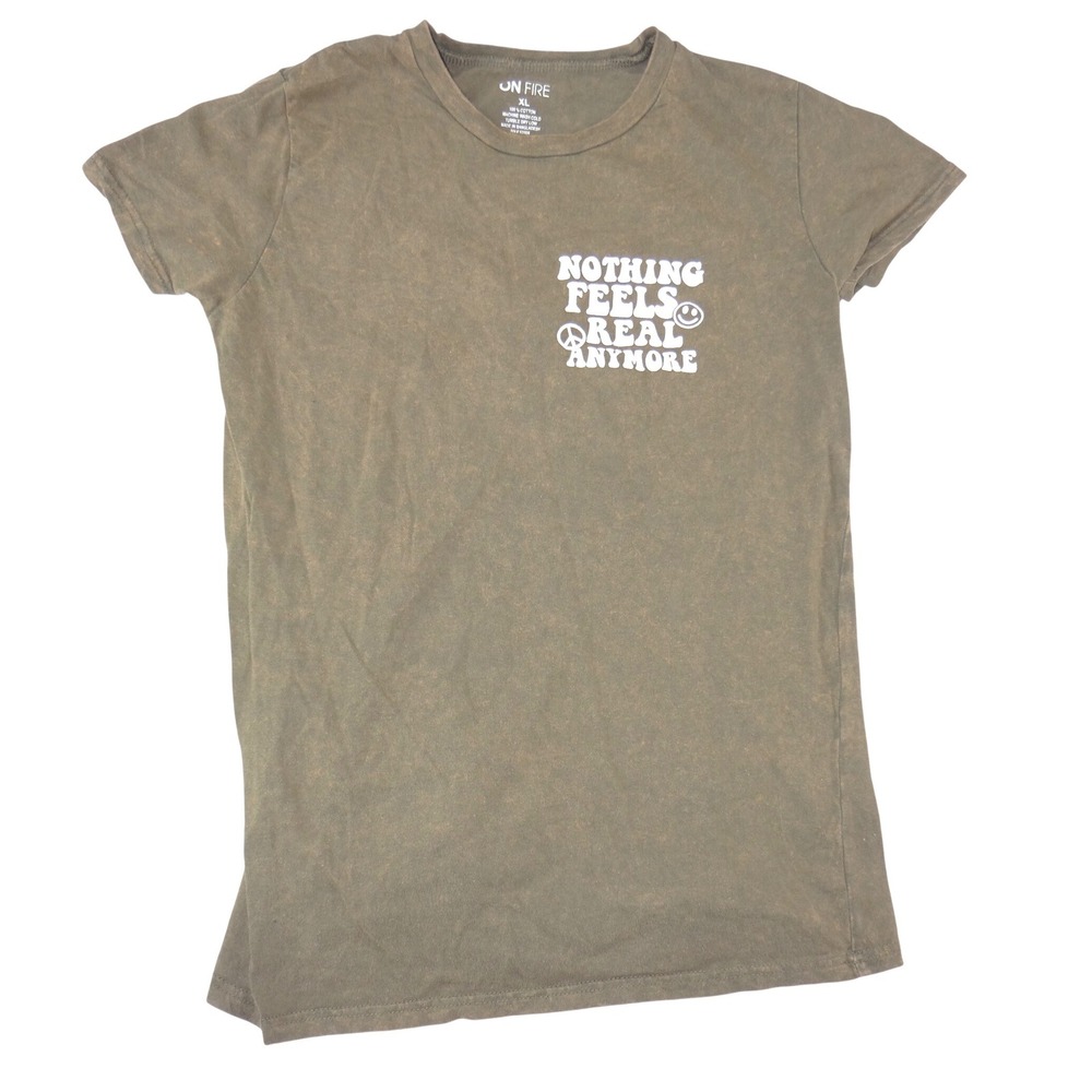 On Fire Nothing Feels Real Anymore Graphic Tee XL Olive Green Mineral Wash